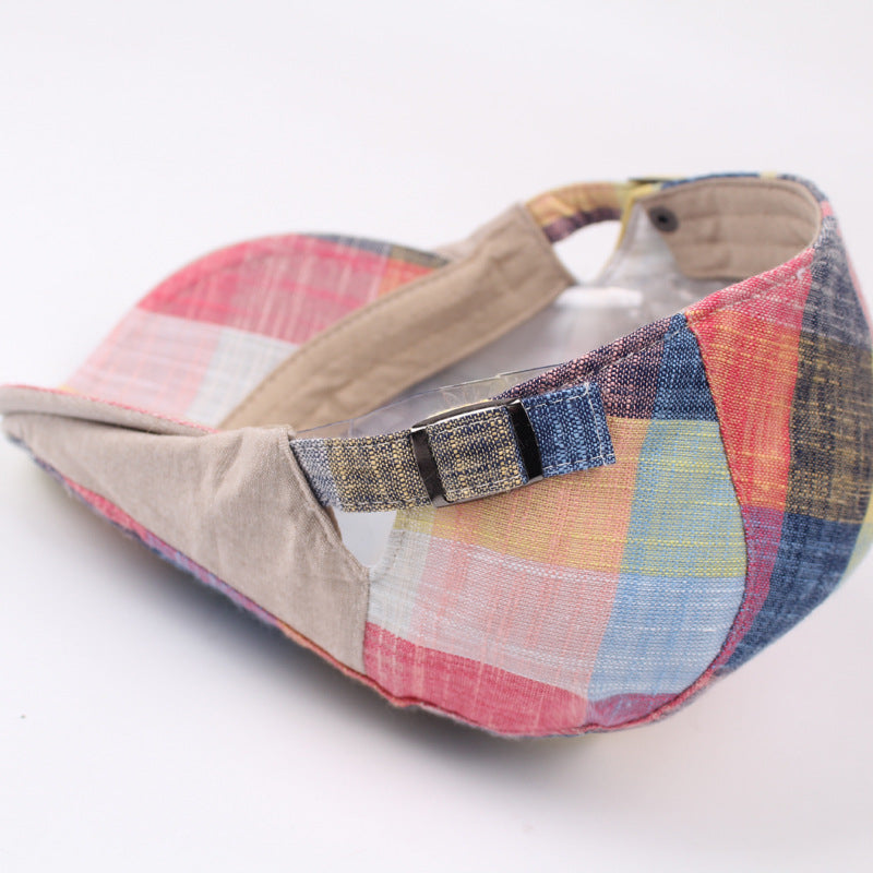 Unisex Plaid Flat Cap in Red shown from the rear side, highlighting the buckle adjustment and contrasting panels.