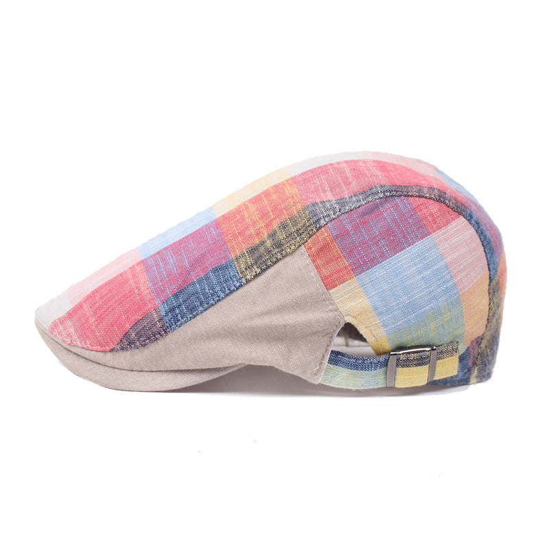 Unisex Plaid Flat Cap in Red shown from the side, displaying the checked crown and adjustable buckle strap.