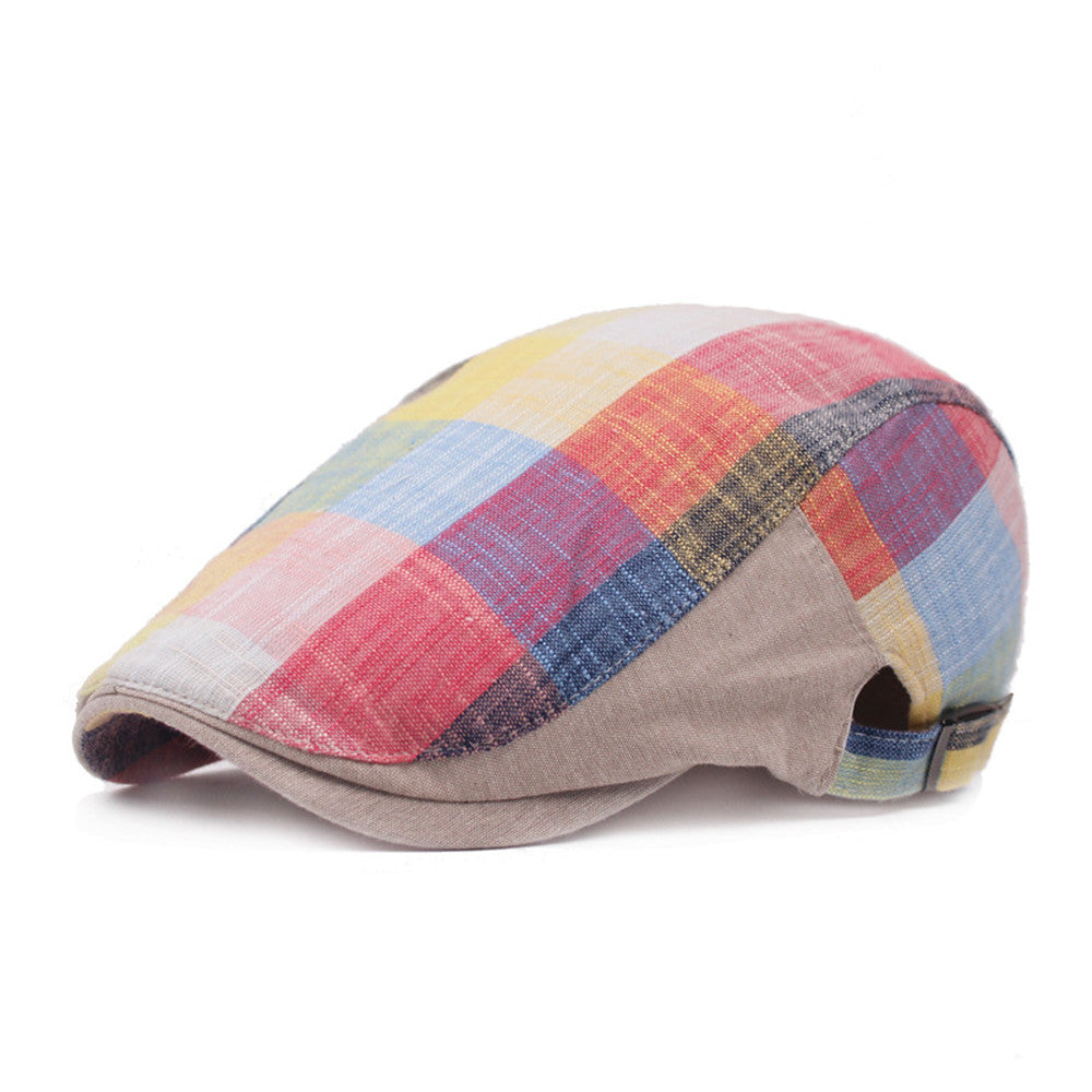 Unisex Plaid Flat Cap in Red with multicolour checks, beige side panels, a short peak and side buckle detail