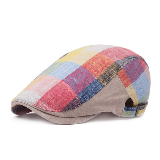 Unisex Plaid Flat Cap in Red with multicolour checks, beige side panels, a short peak and side buckle detail