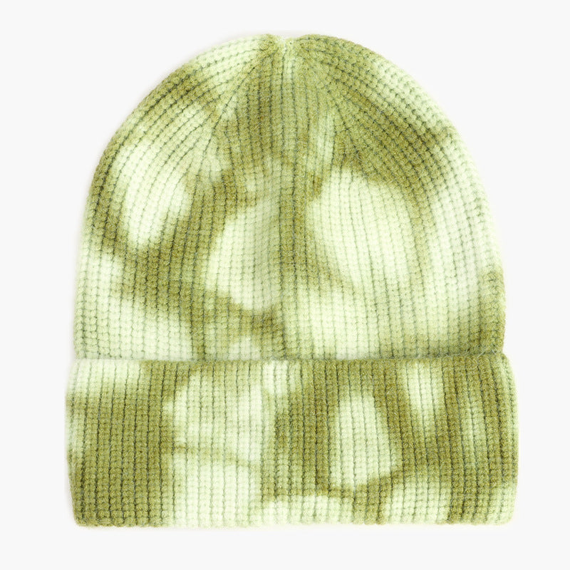 Unisex Tie Dye Beanie in Green and cream, front view showing the tie-dye-style pattern and folded ribbed cuff
