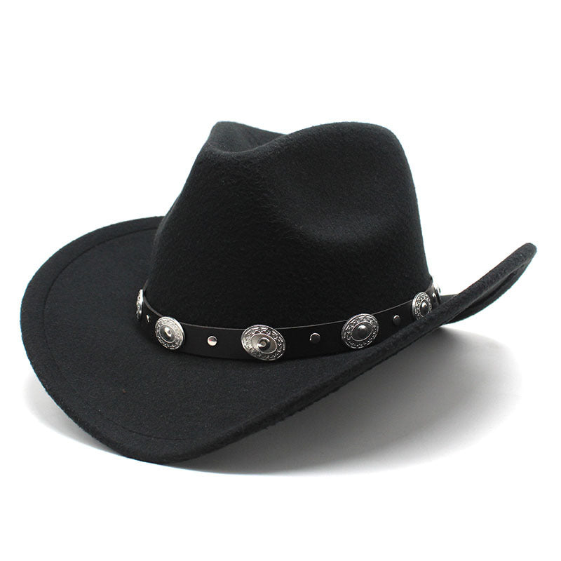 Unisex Western Cowboy Hat in black with a shaped crown and matching band featuring silver-tone discs and studs.