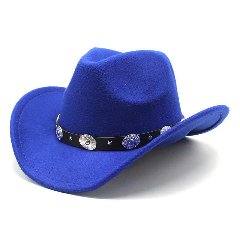 Unisex Western Cowboy Hat in bright blue with an upturned brim and black band decorated with silver-tone discs.
