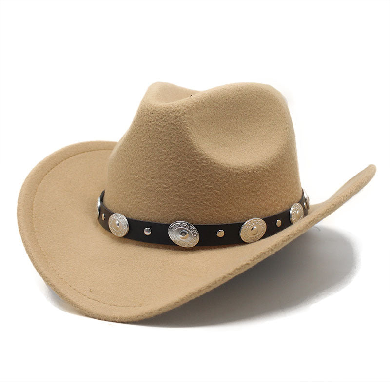 Unisex Western Cowboy Hat in camel with an upturned brim and black band decorated with silver-tone discs and studs.