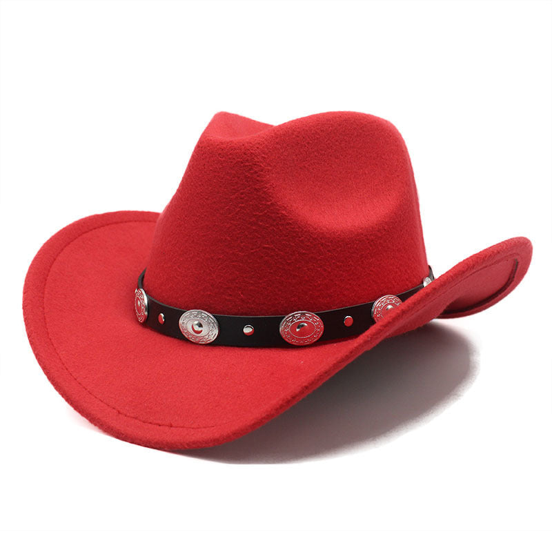Unisex Western Cowboy Hat in red with a shaped crown, curved brim and black decorative band with silver-tone accents.