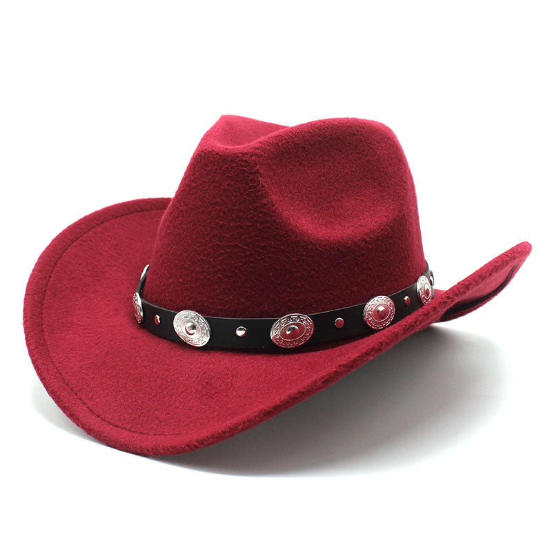 Unisex Western Cowboy Hat in wine red with a shaped crown and black band featuring silver-tone discs.