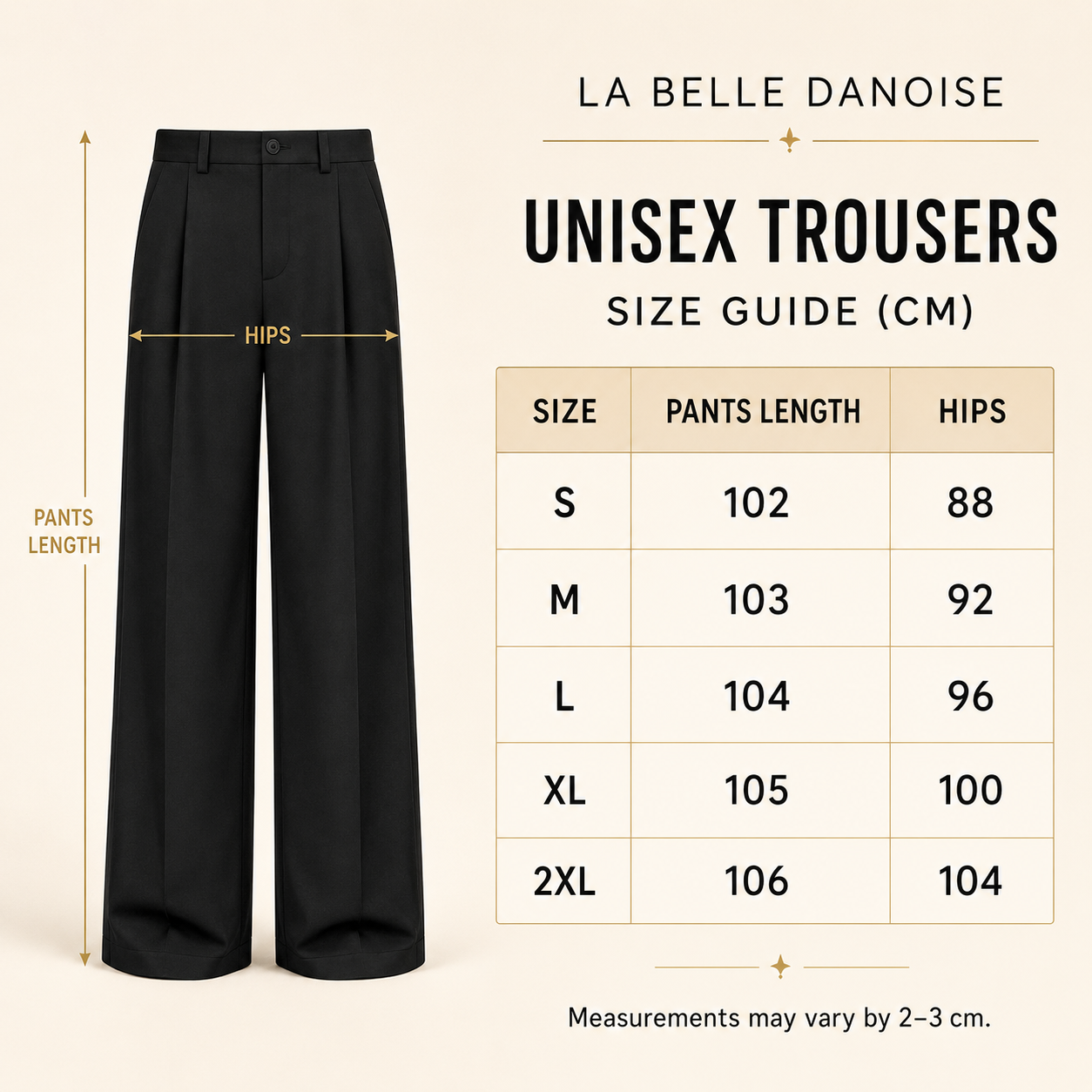 Unisex Wide-Leg Trousers size guide in cm for sizes S to 2XL with pants length and hip measurements