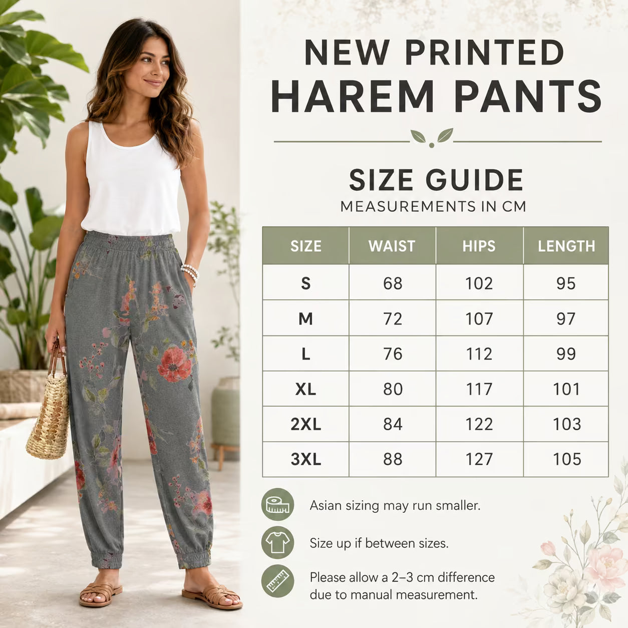Printed Harem Pants size guide with waist, hips and length measurements for sizes S–3XL