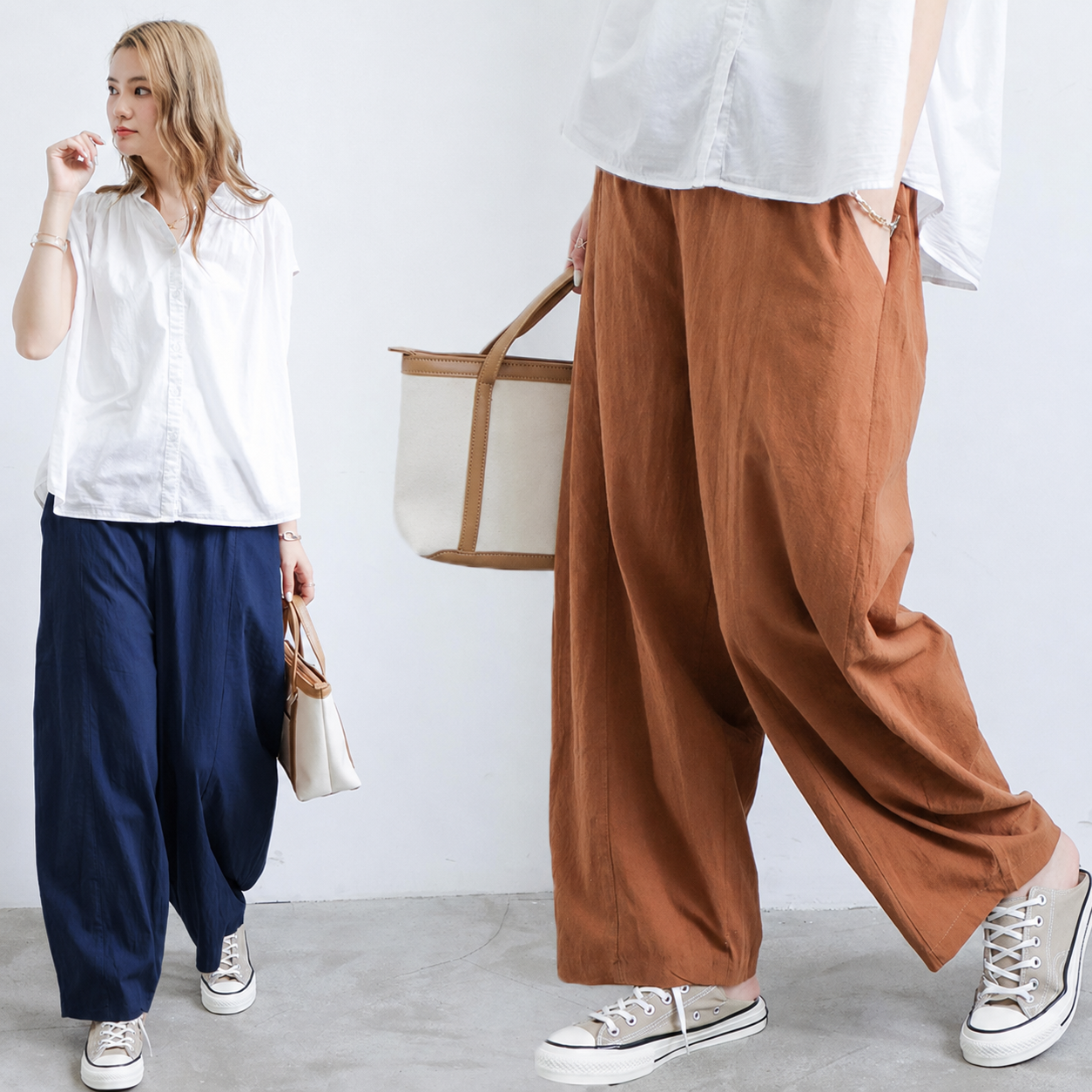 Womens Plus Size Lantern Trousers colour comparison featuring navy blue and brown