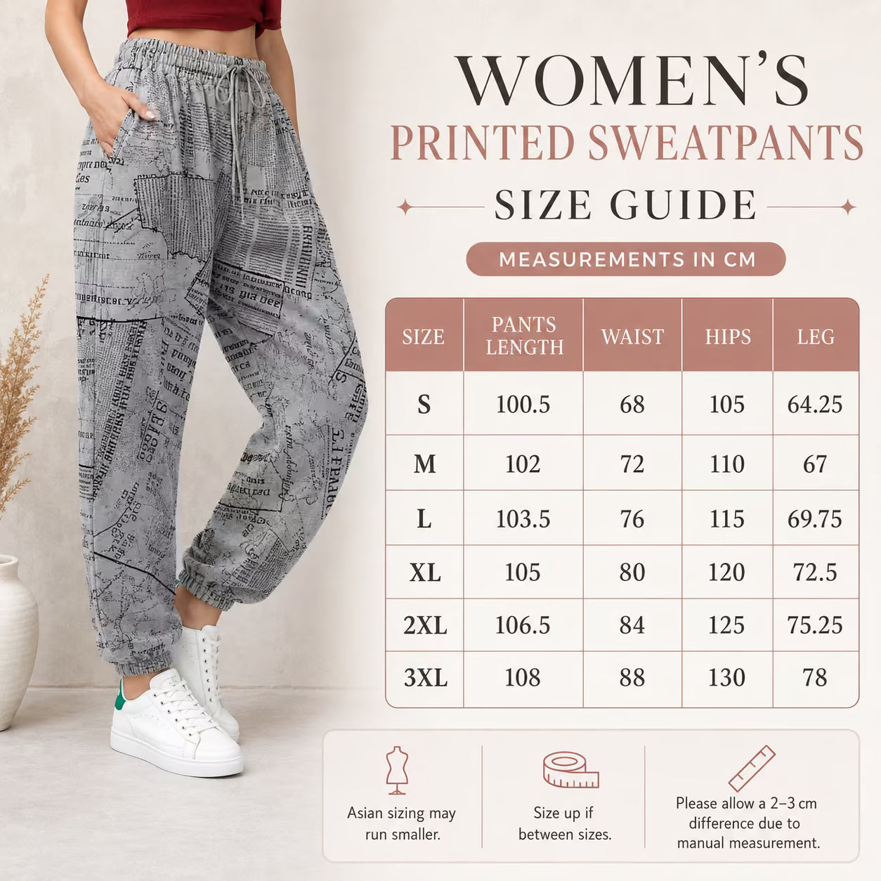 Women’s Printed Sweatpants size guide showing pants length, waist, hips and leg measurements in cm for sizes S–3XL.