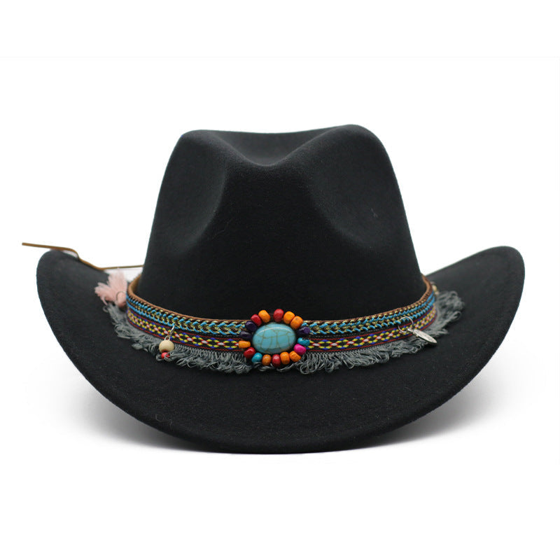 Womens Felt Cowboy Hat in black with curled brim and decorative hatband with a turquoise-coloured centre detail.