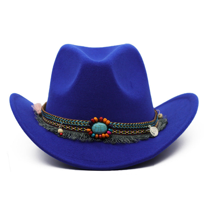Womens Felt Cowboy Hat in blue with curled brim and decorative hatband with a turquoise-coloured centre detail.