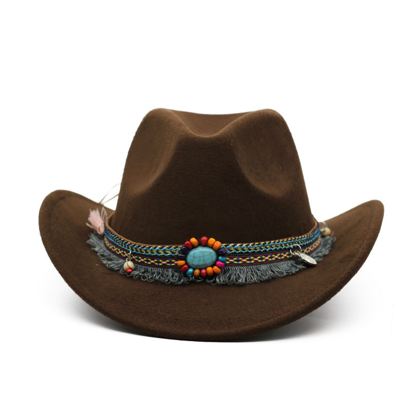 Womens Felt Cowboy Hat in brown with curled brim and decorative hatband with a turquoise-coloured centre detail.