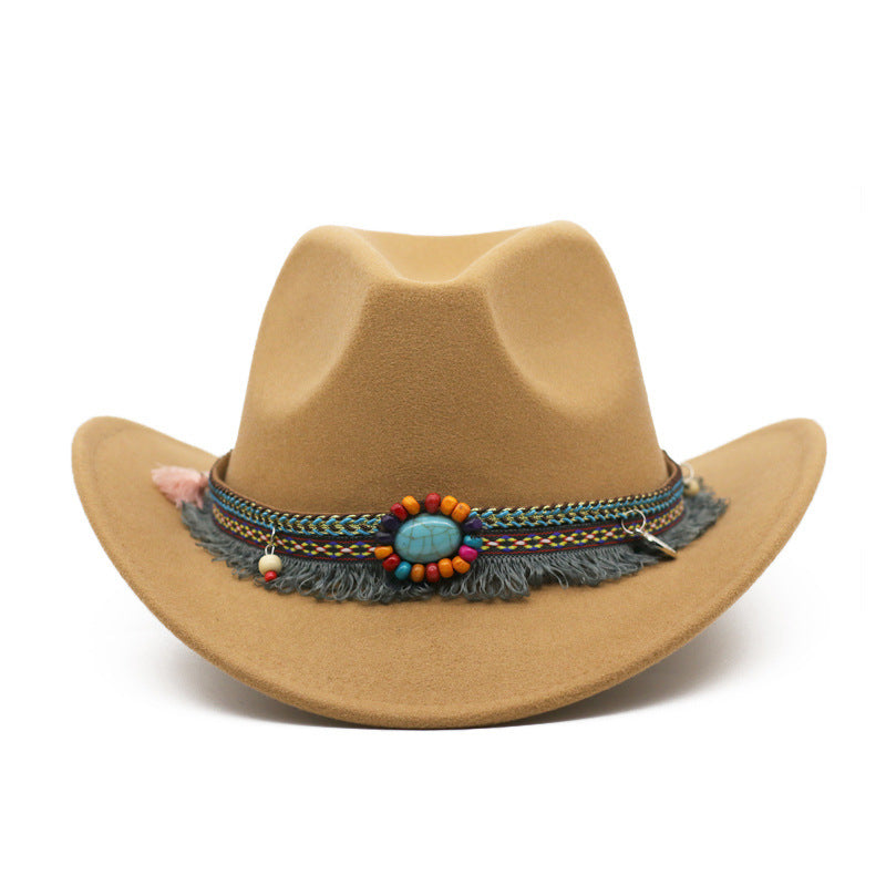 Womens Felt Cowboy Hat in camel with curled brim and decorative hatband with a turquoise-coloured centre detail.