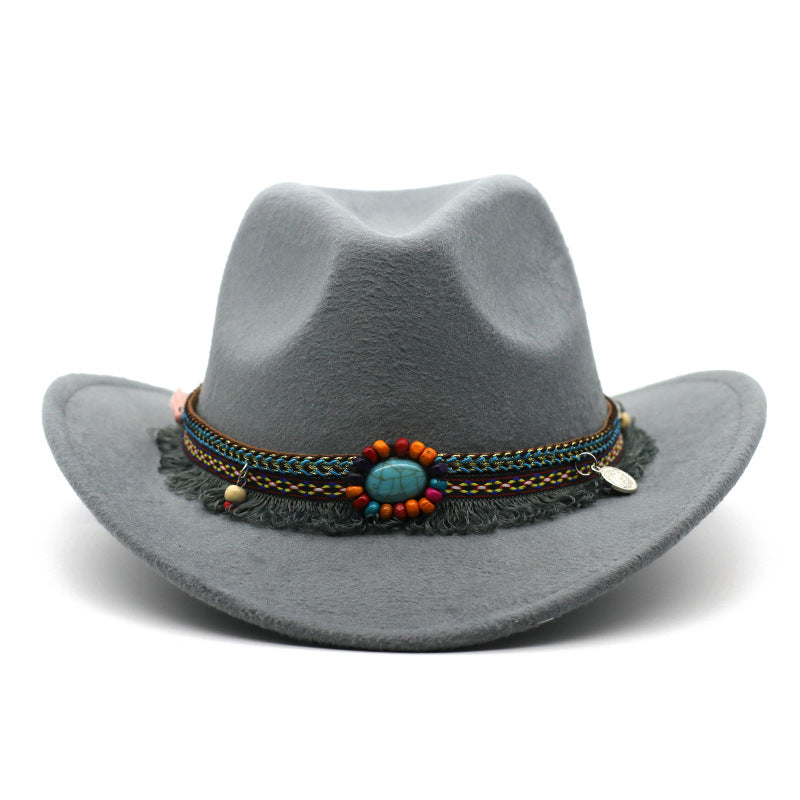 Womens Felt Cowboy Hat in grey with curled brim and decorative hatband with a turquoise-coloured centre detail.