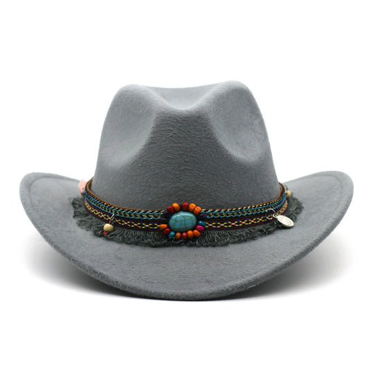 Womens Felt Cowboy Hat in grey with curled brim and decorative hatband with a turquoise-coloured centre detail.