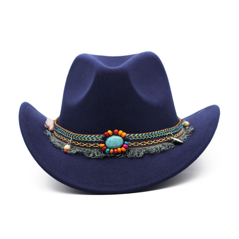 Womens Felt Cowboy Hat in navy blue with curled brim and decorative hatband with a turquoise-coloured centre detail.