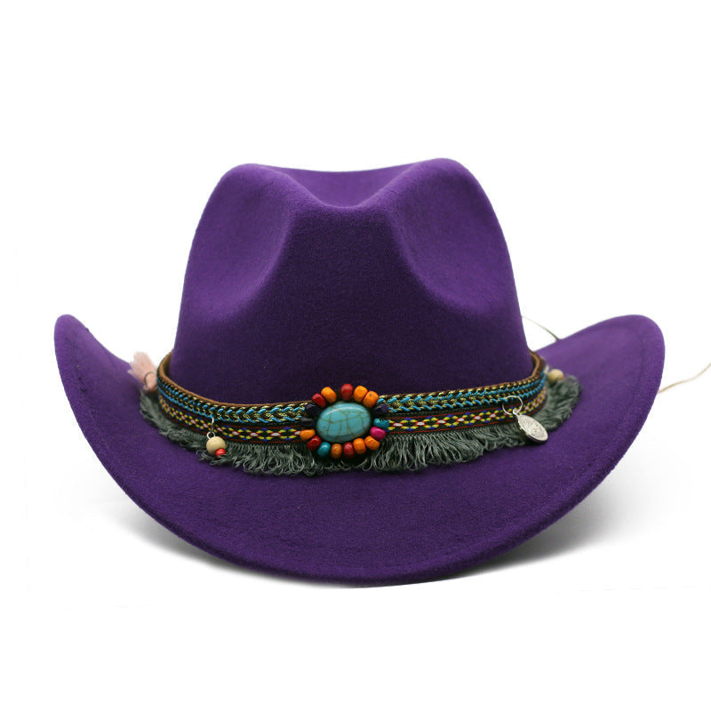 Womens Felt Cowboy Hat in purple with curled brim and decorative hatband with a turquoise-coloured centre detail.