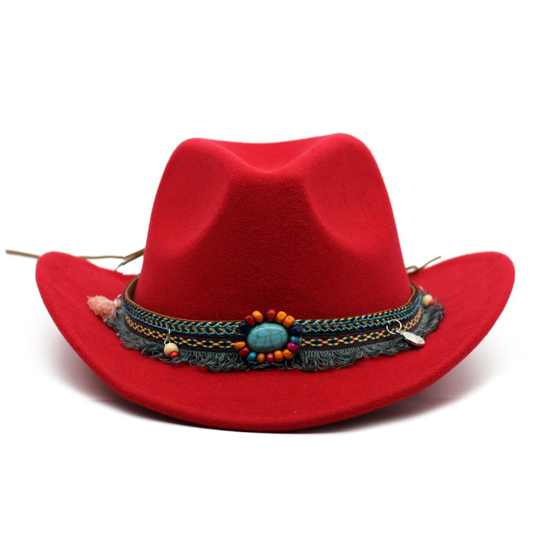 Womens Felt Cowboy Hat in red with curled brim and decorative hatband with a turquoise-coloured centre detail.