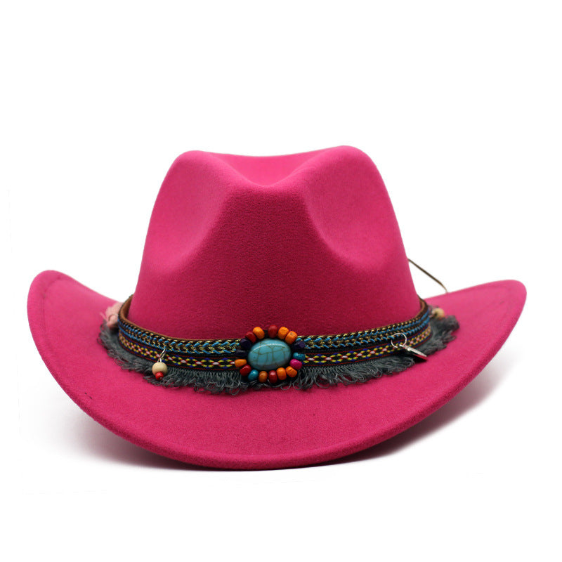 Womens Felt Cowboy Hat in rose red with curled brim and decorative hatband with a turquoise-coloured centre detail.