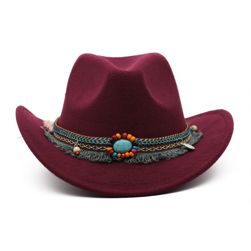 Womens Felt Cowboy Hat in wine red with curled brim and decorative hatband with a turquoise-coloured centre detail.