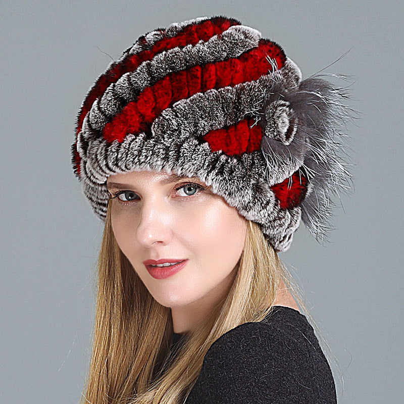 Womens Fur Knitted Hat with red and grey stripes and a grey decorative side flower.