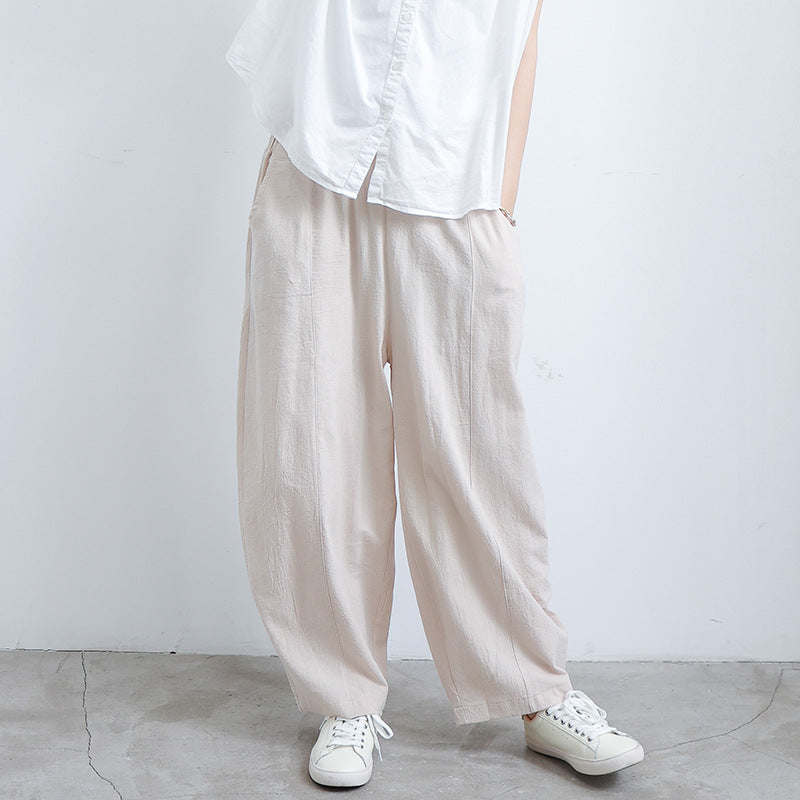 Womens Plus Size Lantern Trousers in apricot styled for comfortable summer wear
