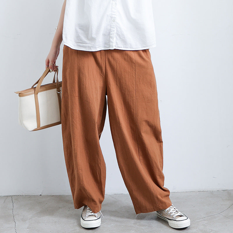 Womens Plus Size Lantern Trousers in brown with a loose fit and elastic waist