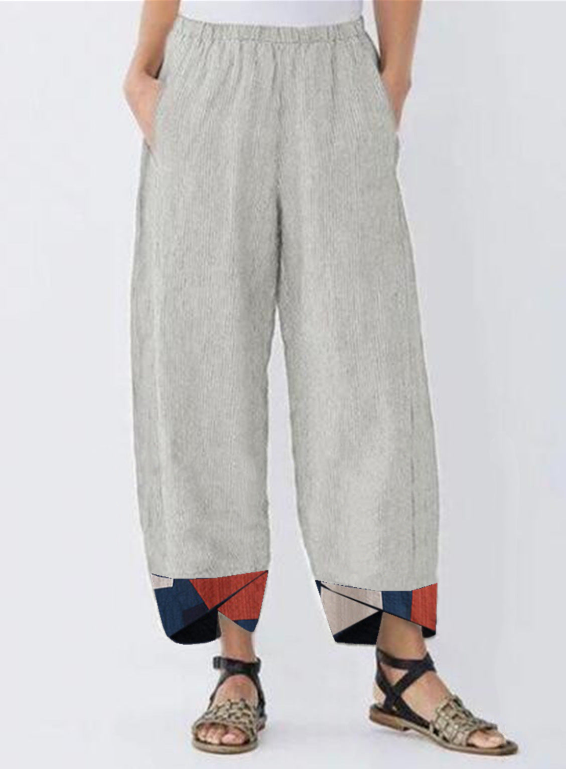 Womens Printed Cotton Trousers in apricot with a lightweight pull-on design