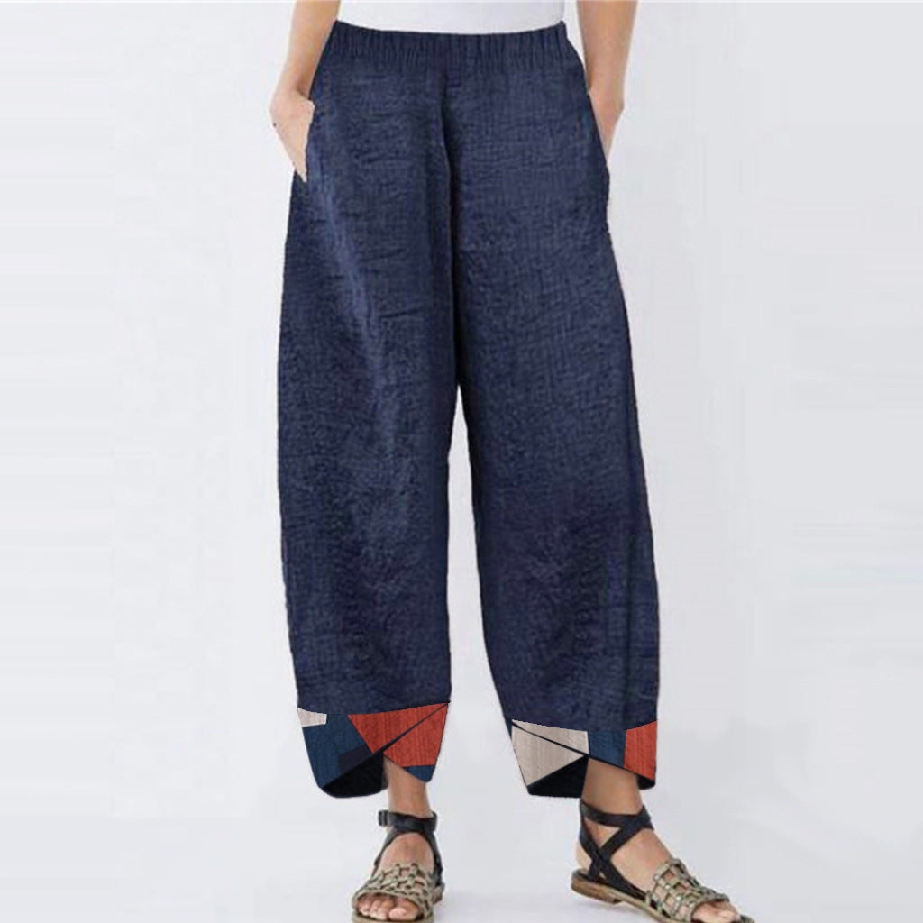 Womens Printed Cotton Trousers in dark blue with contrasting positioning print near the ankles