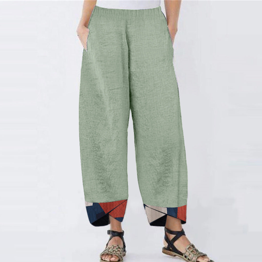 Womens Printed Cotton Trousers in green styled for relaxed warm-weather wear