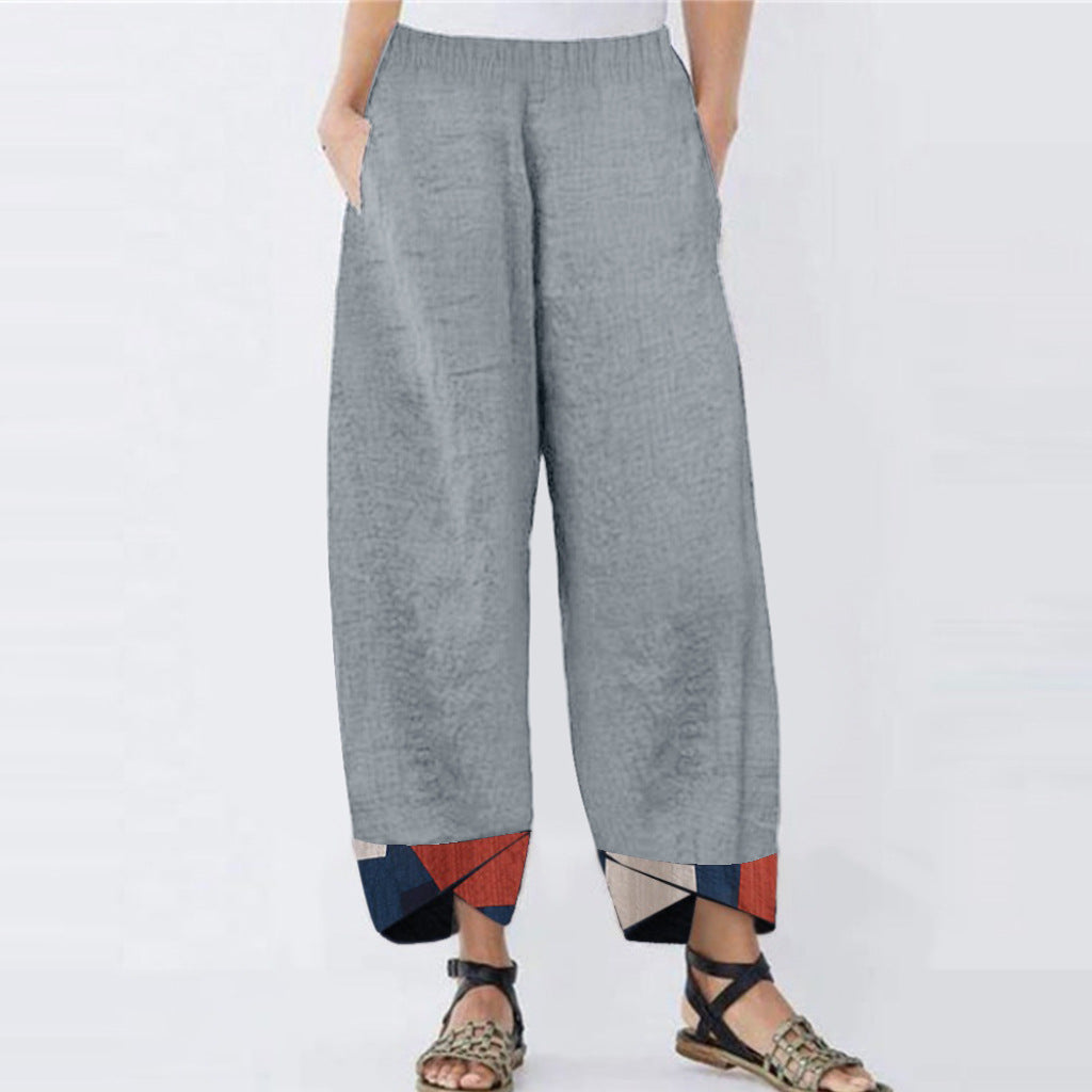 Womens Printed Cotton Trousers in grey with a relaxed fit and decorative ankle print