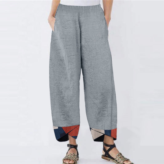 Womens Printed Cotton Trousers in grey with a relaxed fit and decorative ankle print