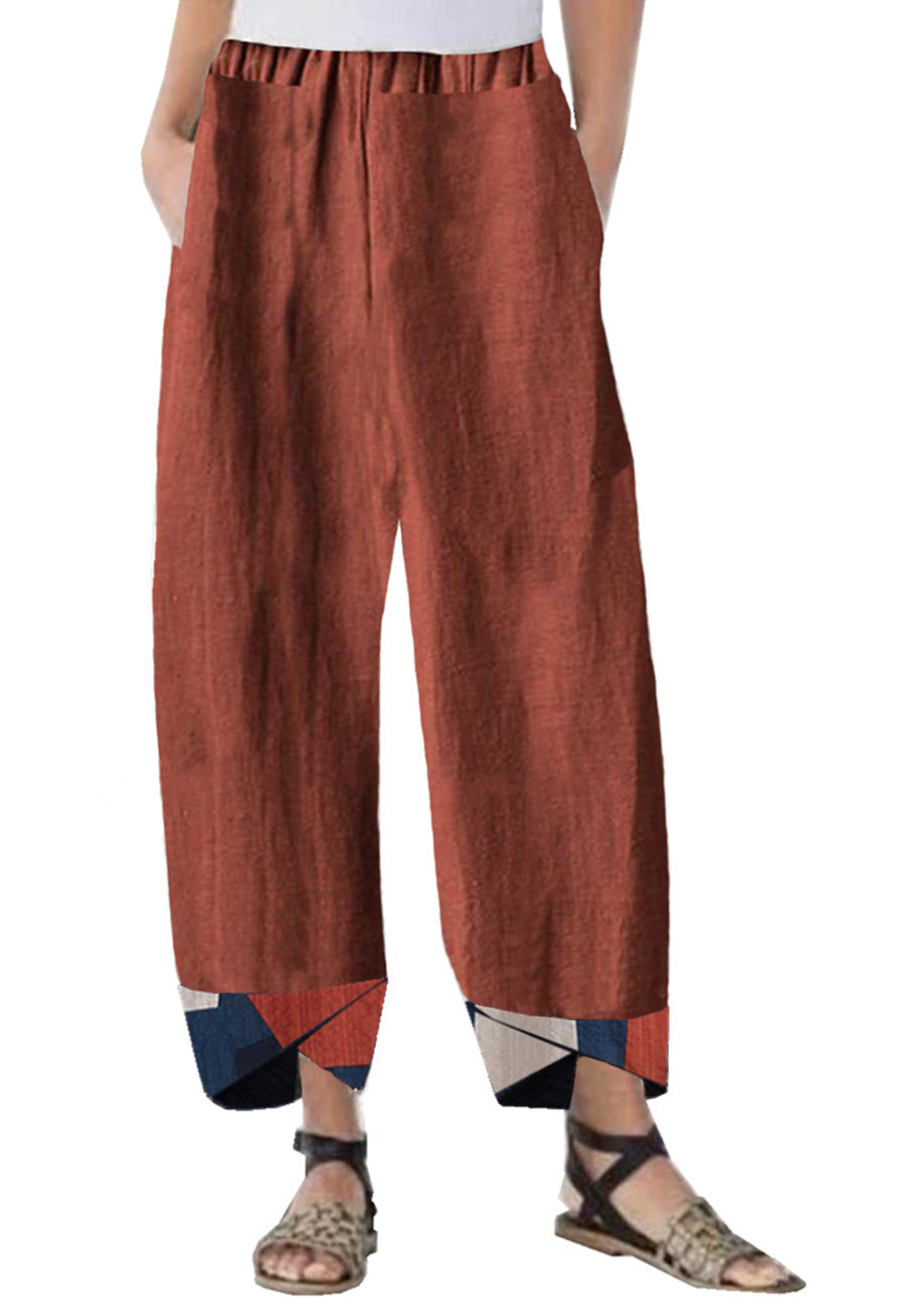 Womens Printed Cotton Trousers in orange with decorative lower-leg print and casual fit
