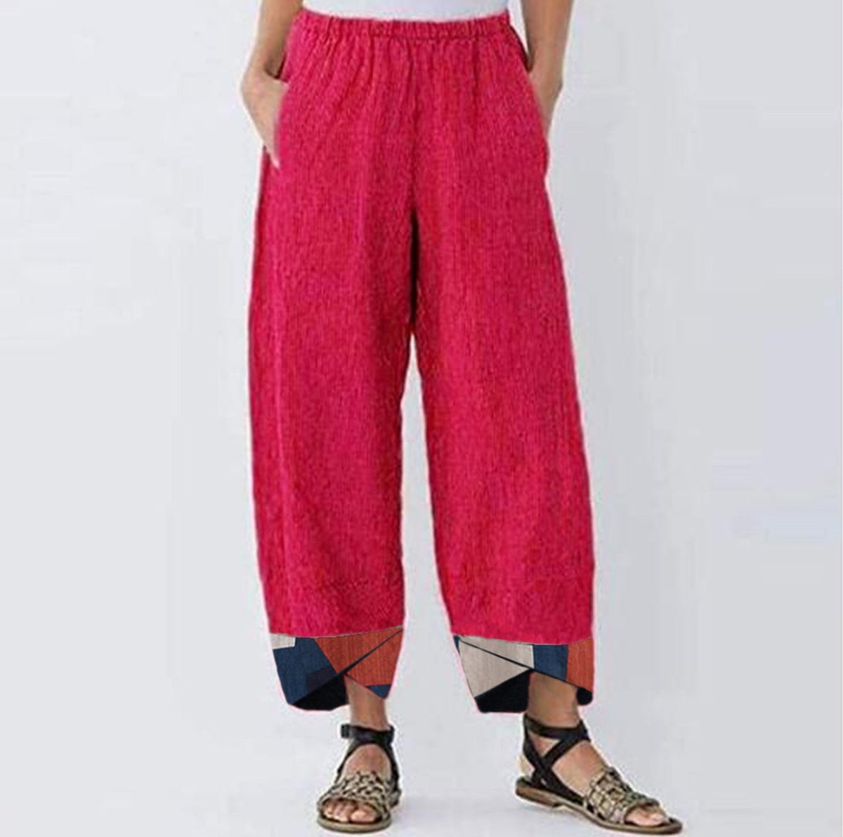 Womens Printed Cotton Trousers in red with a breathable full-length design