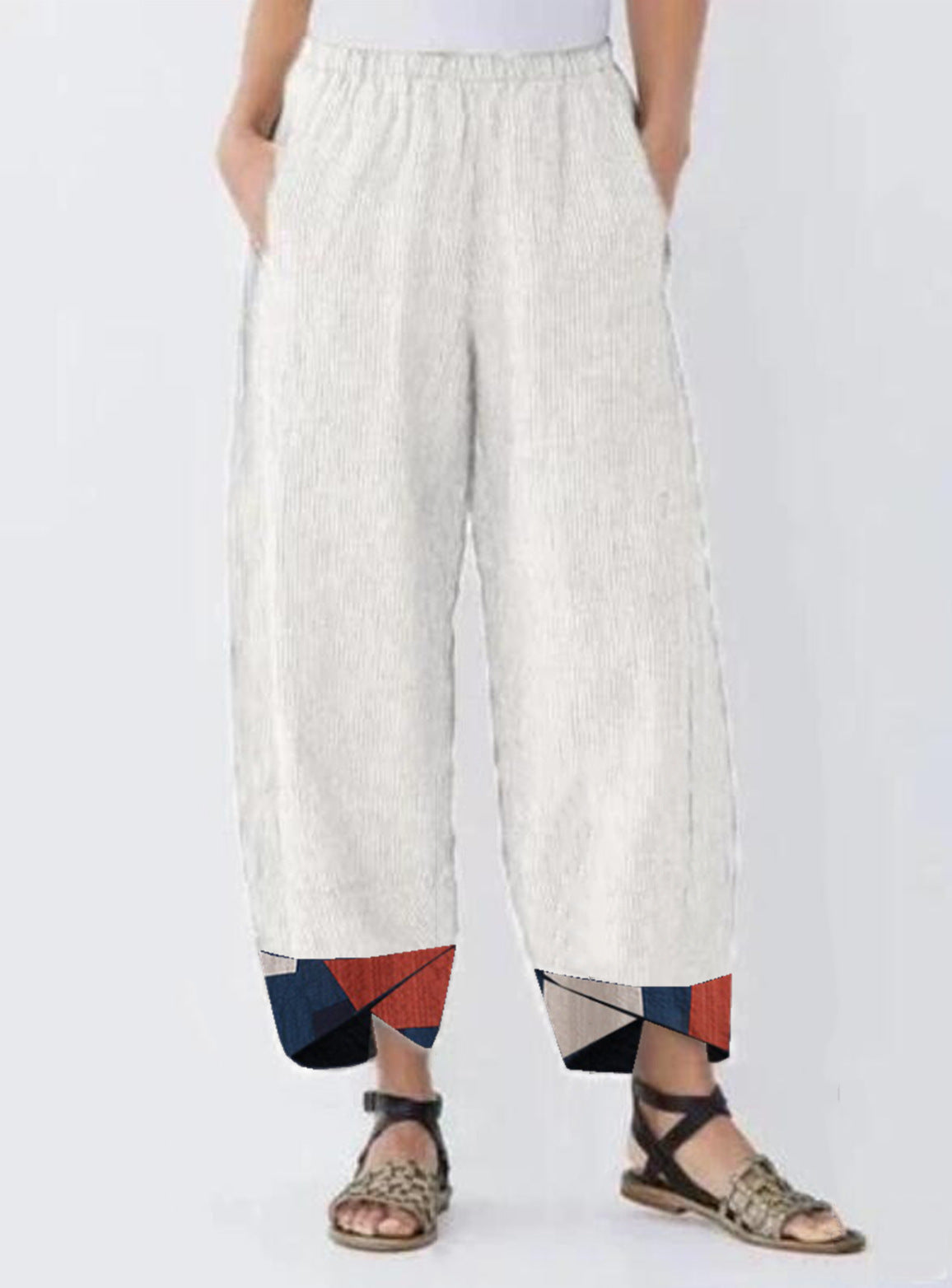 Womens Printed Cotton Trousers in white styled with sandals for a lightweight summer outfit