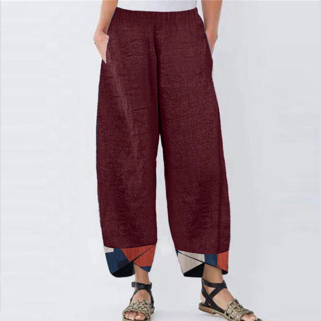 Womens Printed Cotton Trousers in wine red with a roomy fit and elastic waistband