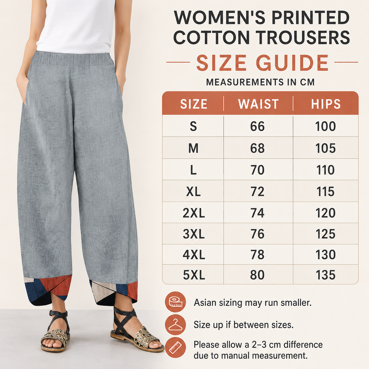 Womens Printed Cotton Trousers size guide showing waist and hip measurements in centimetres for sizes S to 5XL.