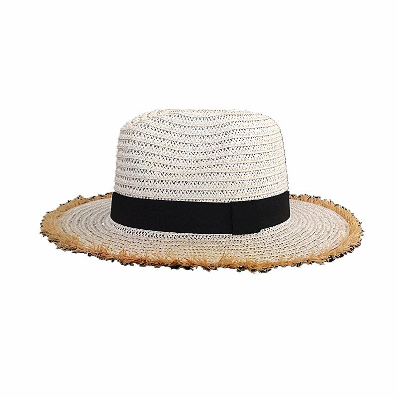 Womens Raffia Straw Hat in White, front view showing the woven crown, black hatband and natural-coloured frayed brim edge