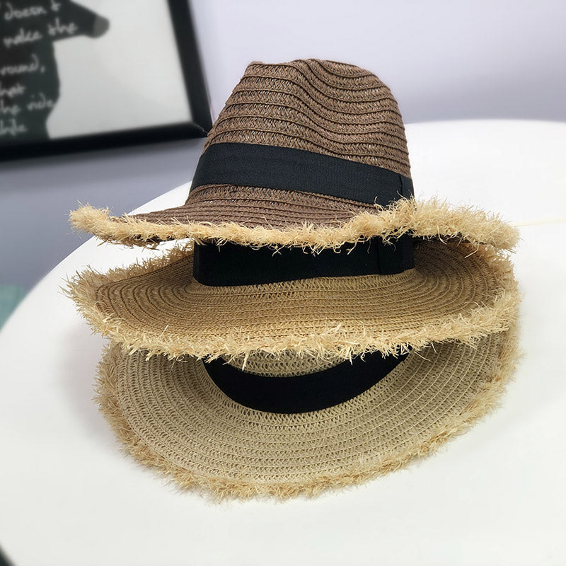 Womens Raffia Straw Hat showing three stacked hats in different shades with woven crowns, wide frayed brims and black hatbands