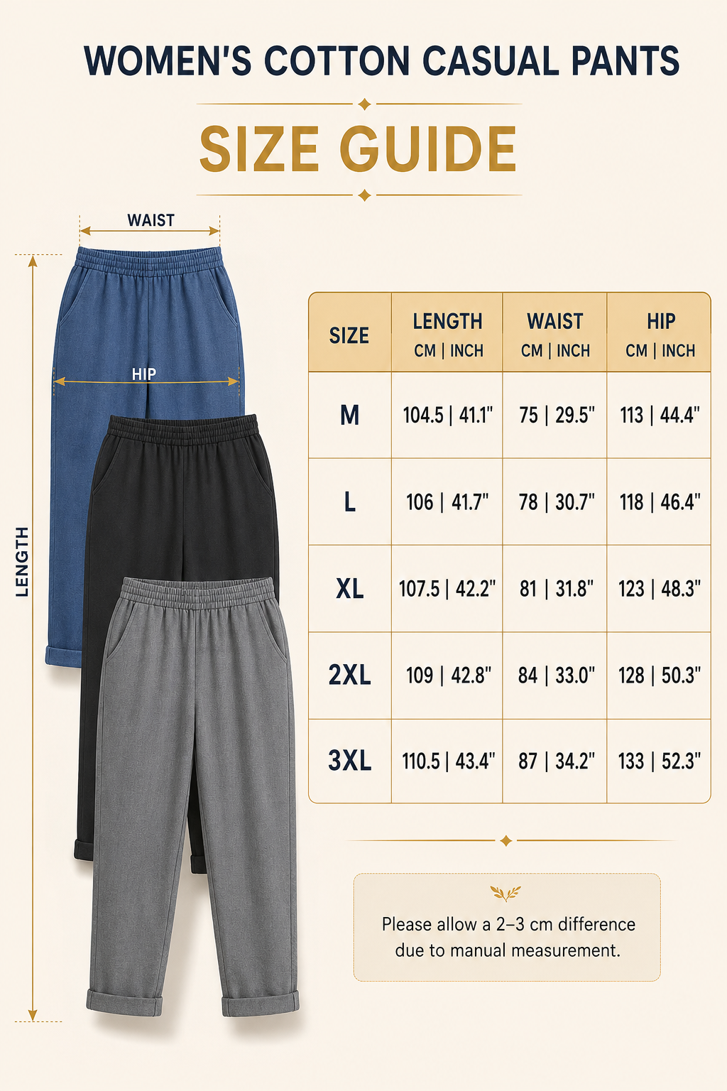 Women’s Cotton Casual Pants size guide for M–3XL with length, waist and hip measurements in centimetres and inches
