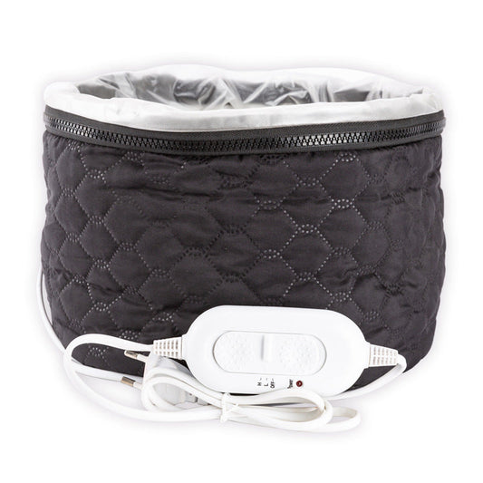 Black two-speed tempering home heating hair cap with control switch.