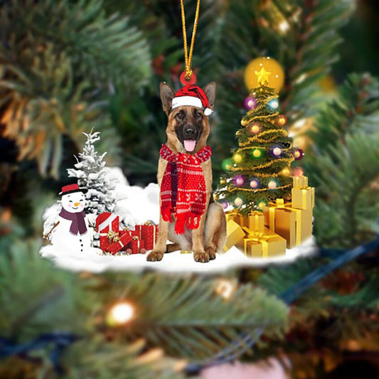 Puppy Christmas tree decoration with lights, presents, and snowman.
