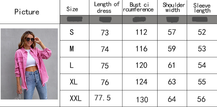 Womens Ripped Shirt Jacket size guide for S–XXL with length, bust, shoulder and sleeve measurements