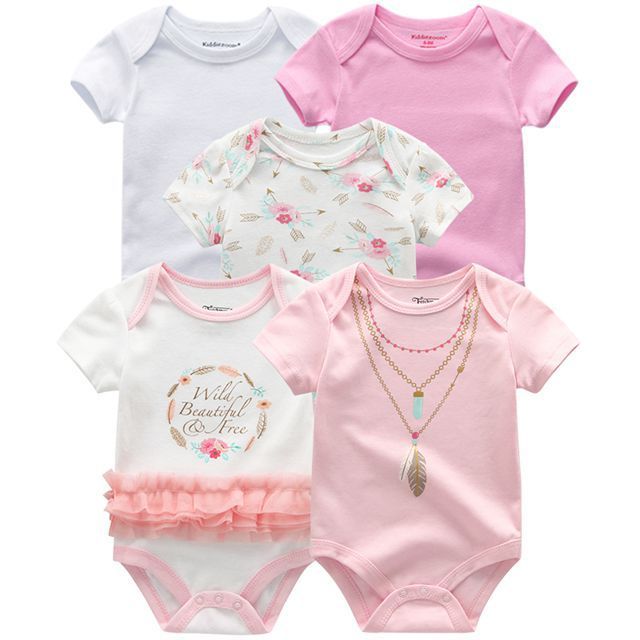 Baby Bodysuits 5-Pack in coordinated pink and white baby designs