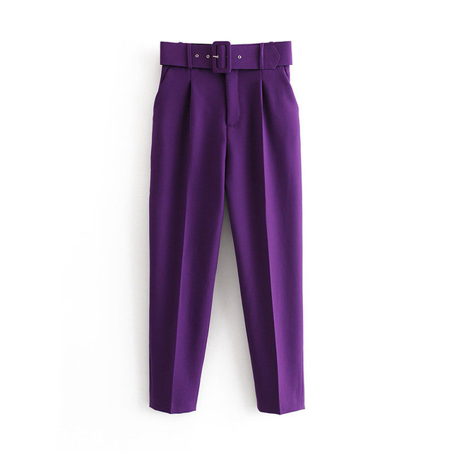 Belted High Waist Trousers in purple showing the matching belt, front pleats and tapered legs