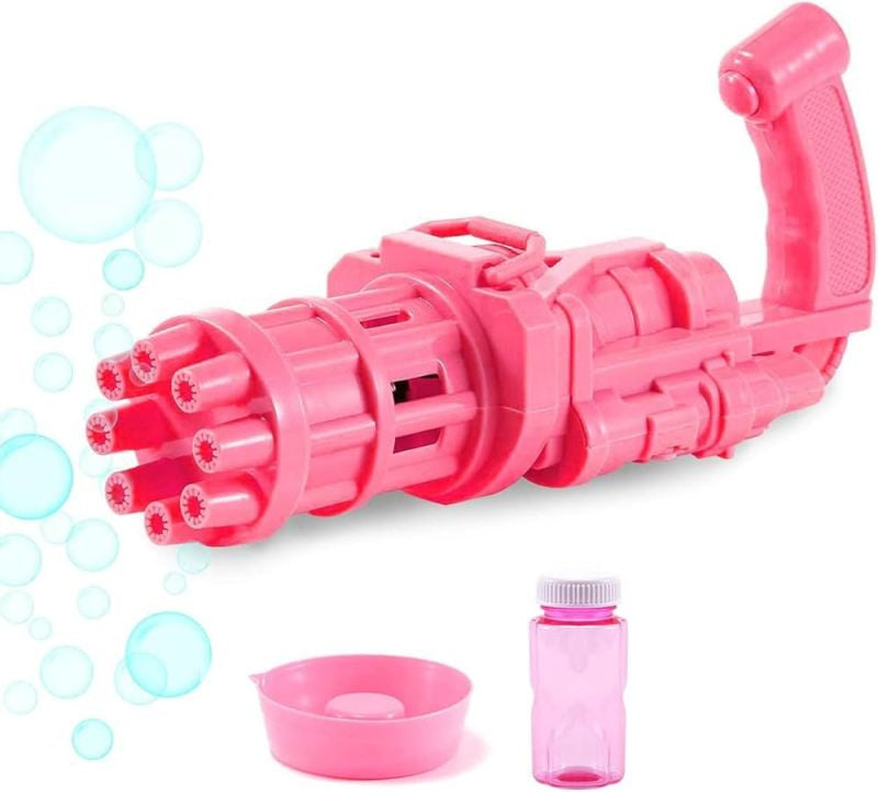 Pink bubble machine toy shaped like a gun with bubble solution bottle and tray