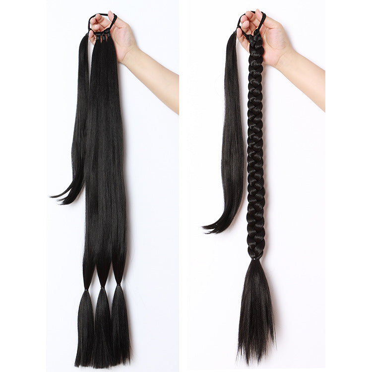 Braided Wrap Ponytail Extension in black straight and braid style