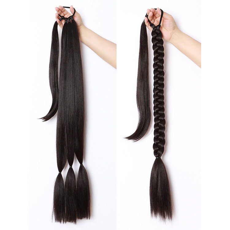 Braided Wrap Ponytail Extension creating long blonde braid on model