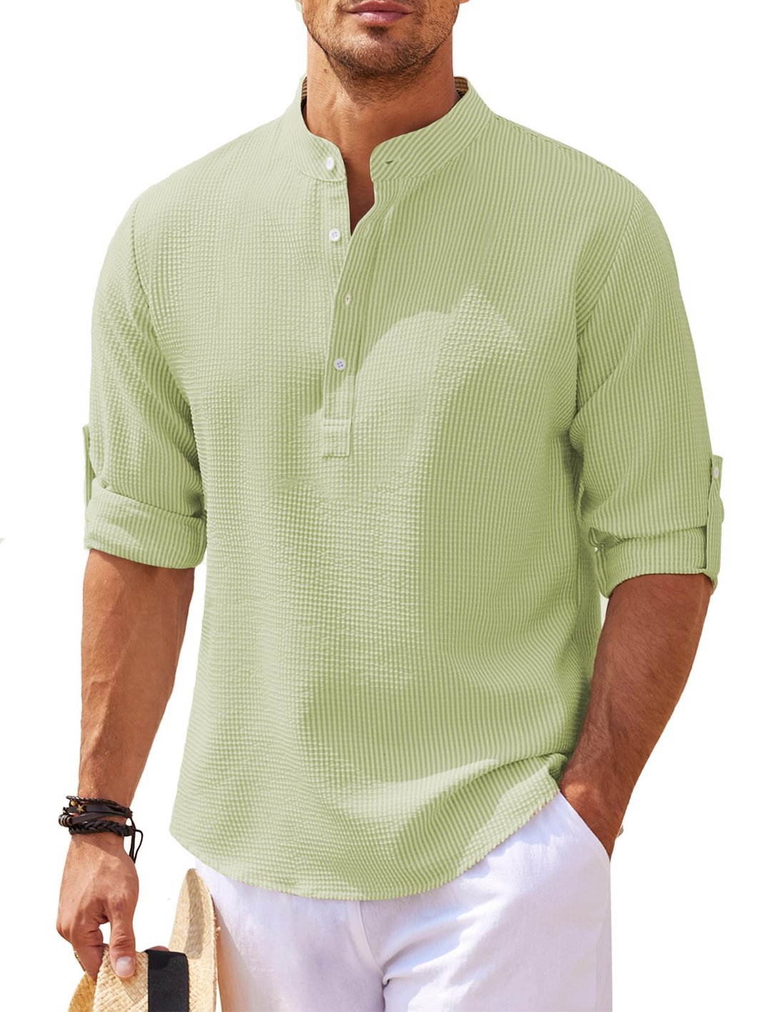 Mens Stand Collar Shirt in green with half-button front and curved hem